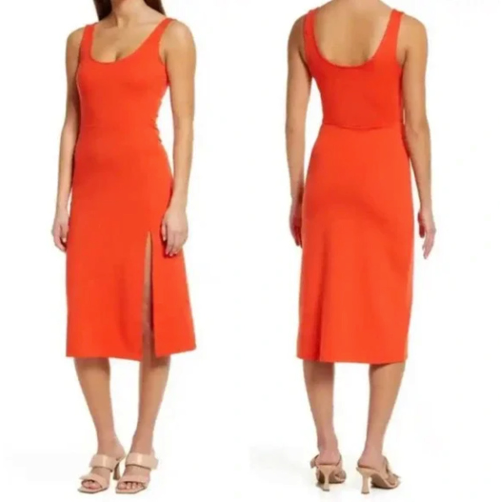 Open Edit Dress Women XS Orange Bodycon Tank Slit Jersey Tight Sexy Basic Preppy